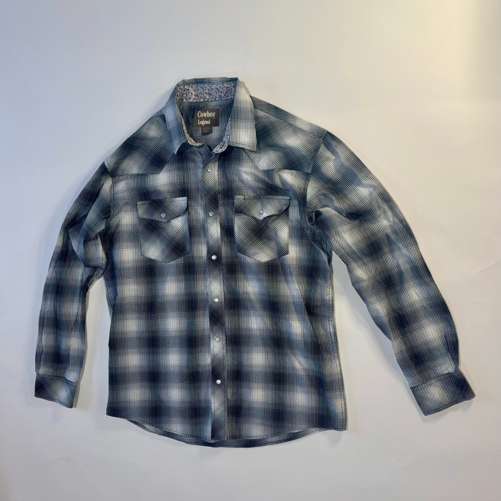 Cowboy Legend Western Snap Shirt XL Blue Plaid Long Sleeve Pearl Snaps - Picture 2 of 12